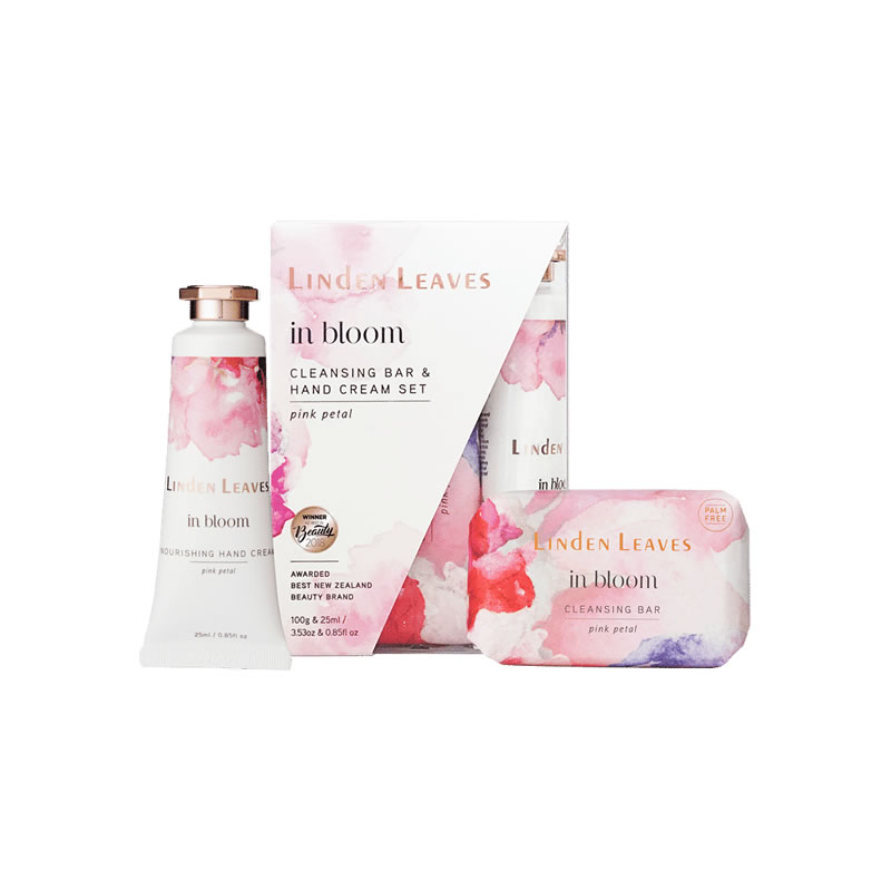 Linden Leaves 琳登丽诗 in bloom 绽放系列 cleansing bar and hand cream set - 植物皂护手霜套装 pink petal 粉色花瓣 100g, 25ml